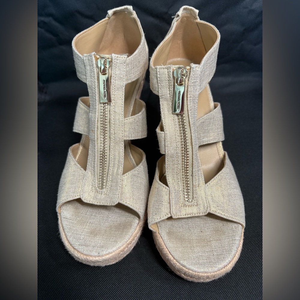 Michael Kors Damita Linen Beige Wedge Sandals - Picture 5 of 11